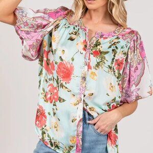 SAGE+FIG Plus Size Floral Mineral Wash French Terry Button Up Shirt
